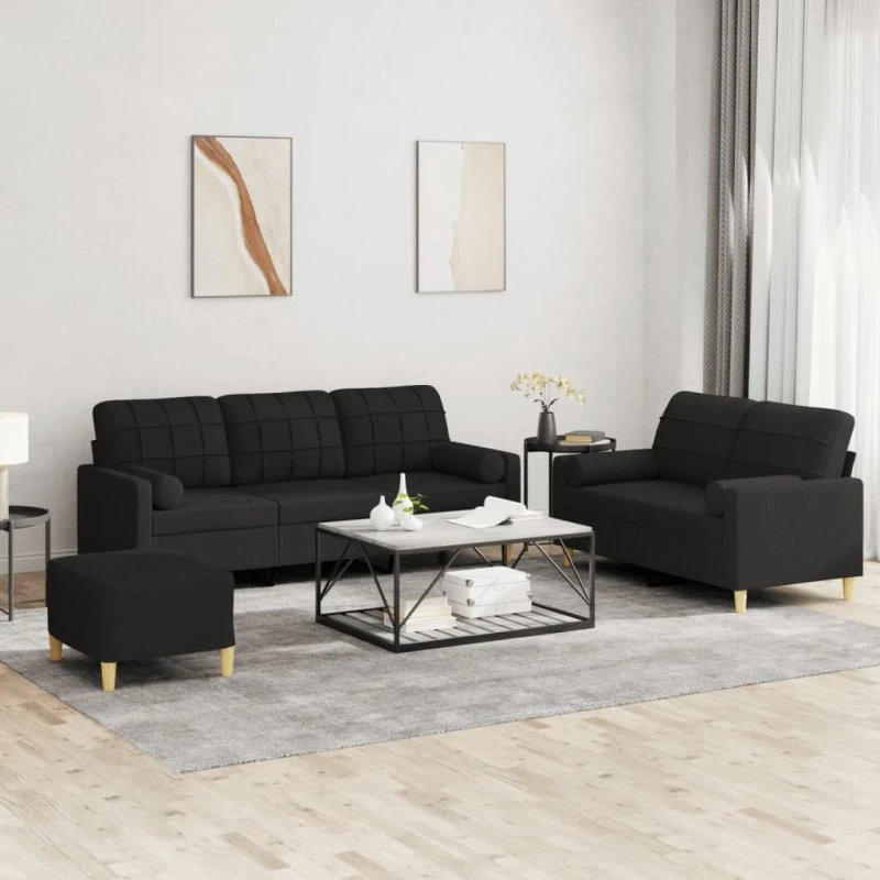 Sofasæt 3 dele i sort stof med puder