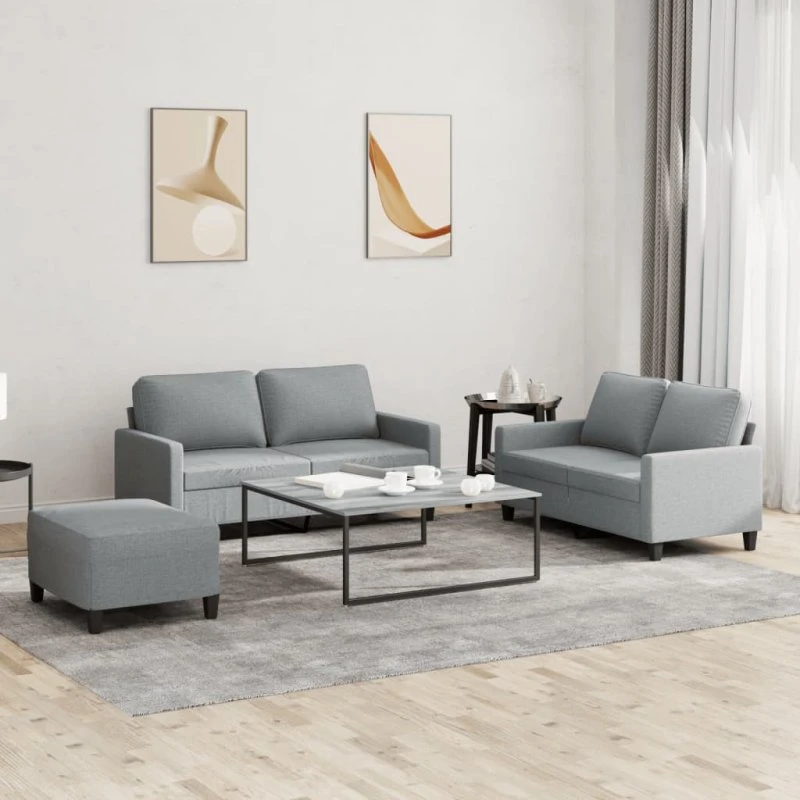 Sofasæt 3 dele med hynder i lysegråt stof