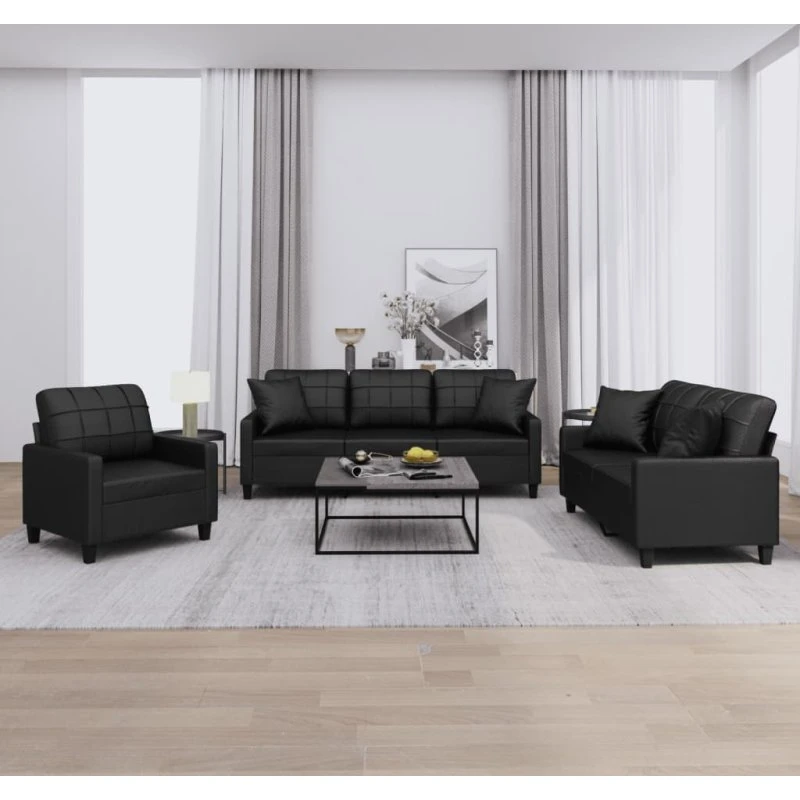 Sofasæt 3-dele i sort kunstlæder med puder