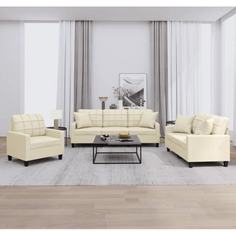 Sofasæt 3 dele i creme kunstlæder med puder