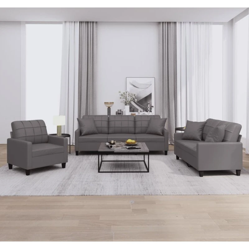 Sofasæt 3 dele i gråt kunstlæder med puder