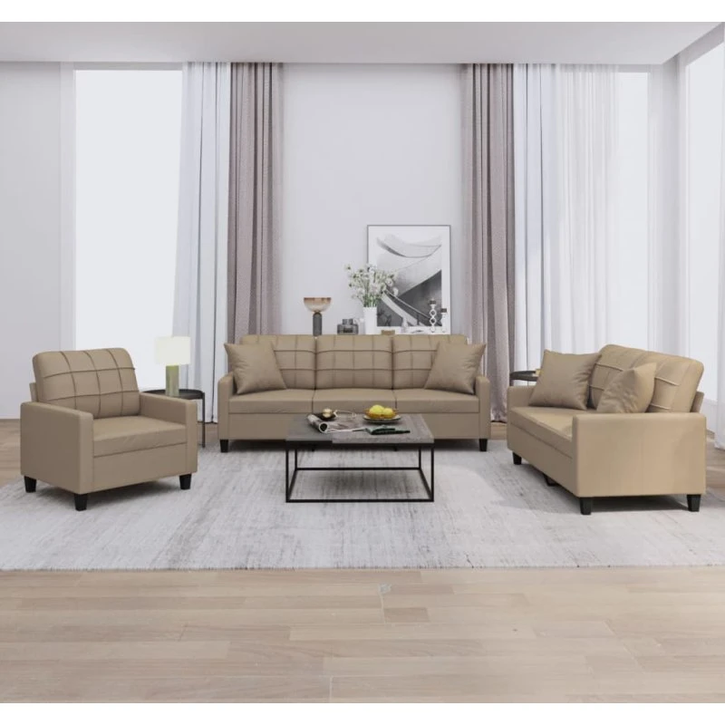3-personers sofasæt i cappuccino kunstlæder med puder
