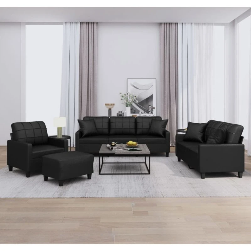 Sofasæt 4 dele i sort kunstlæder med puder