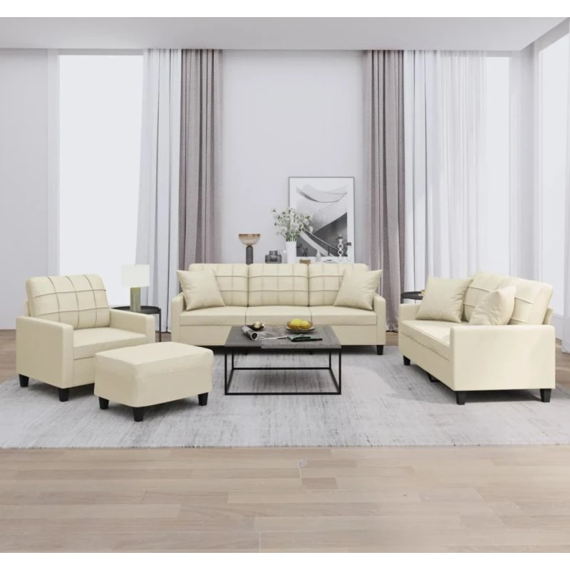 Sofasæt 4 dele i creme kunstlæder med puder