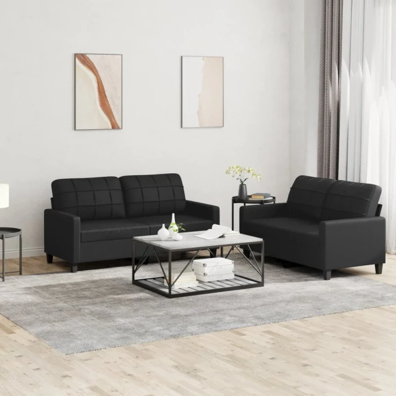 Sofasæt 2 dele i sort kunstlæder med hynder