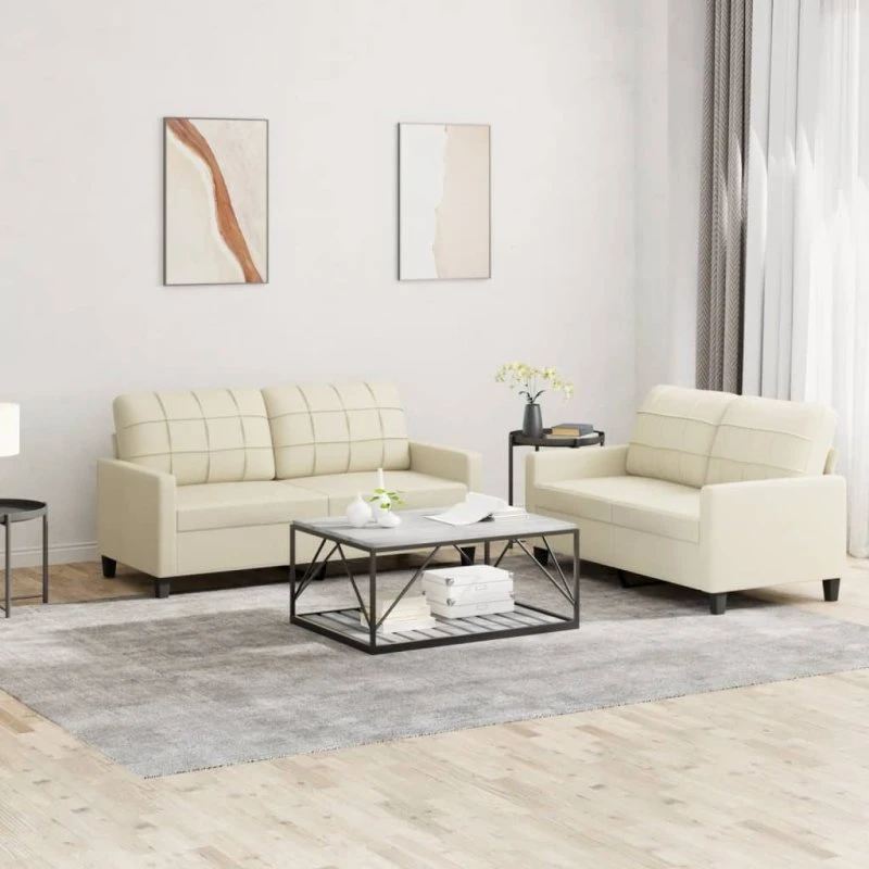 Sofasæt 2 dele i creme kunstlæder med hynder
