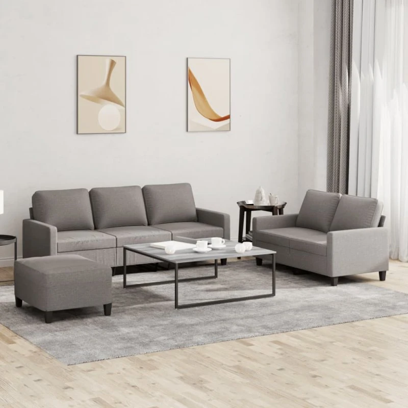 Sofasæt 3 dele i gråbrun stof med hynder