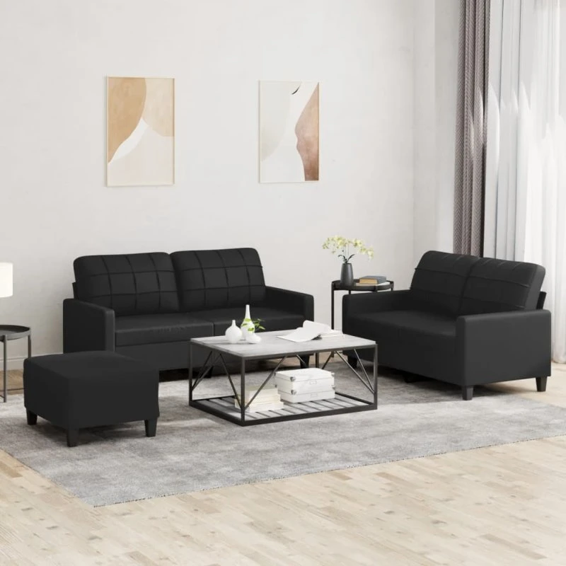 Sofasæt 3 dele med hynder i sort kunstlæder