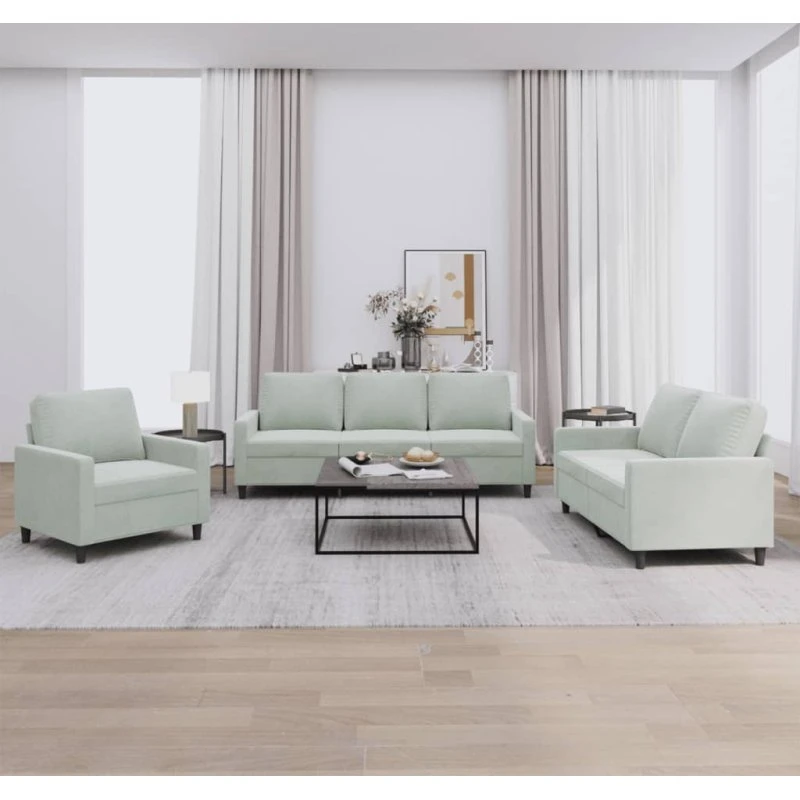 Sofasæt 3 dele i lysegrå velour med hynder