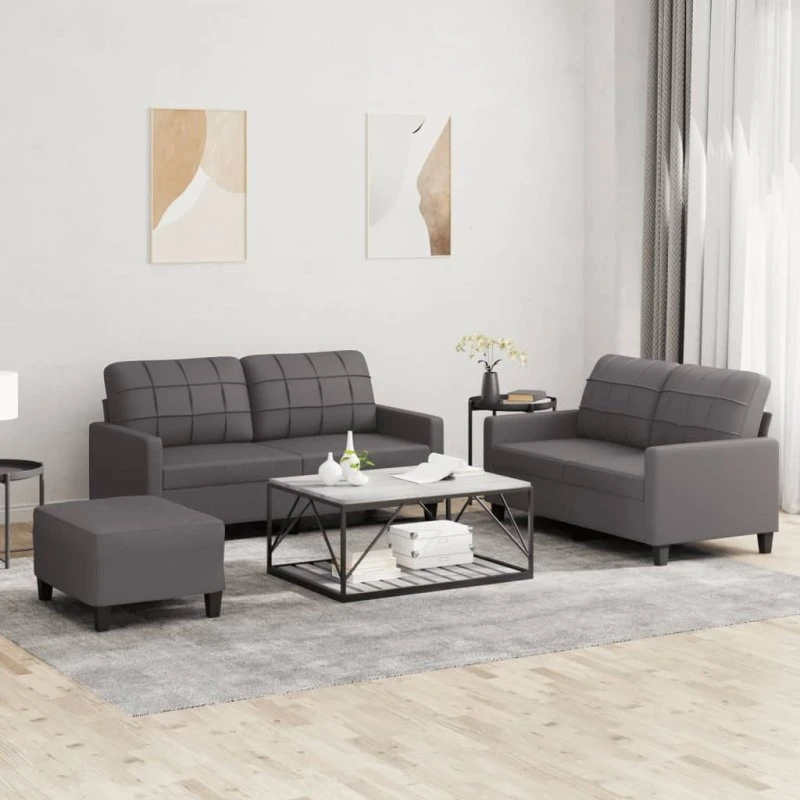 Sofasæt 3 dele i gråt kunstlæder med hynder