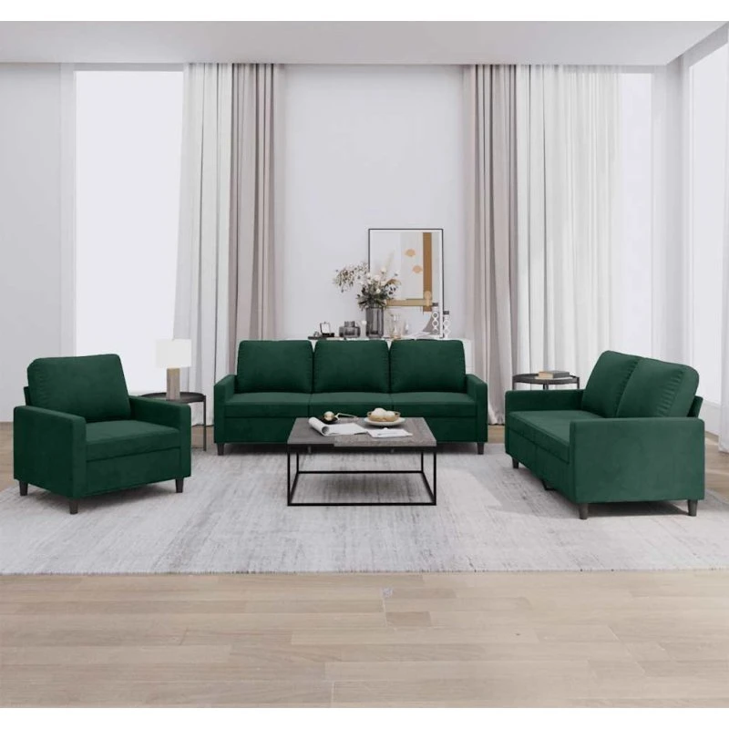 Sofasæt 3 dele i mørkegrøn velour med hynder