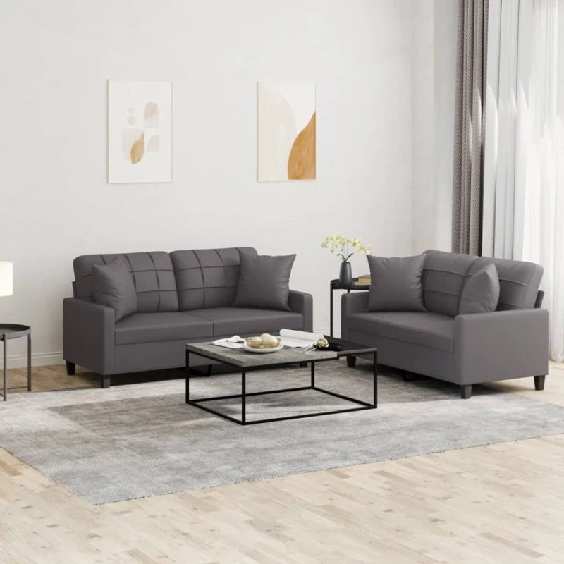 Sofasæt 2 dele i gråt kunstlæder med puder