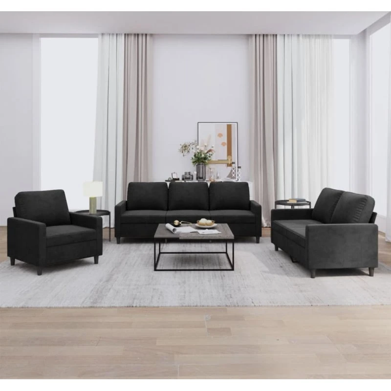 Sofasæt 3 dele i sort velour med hynder
