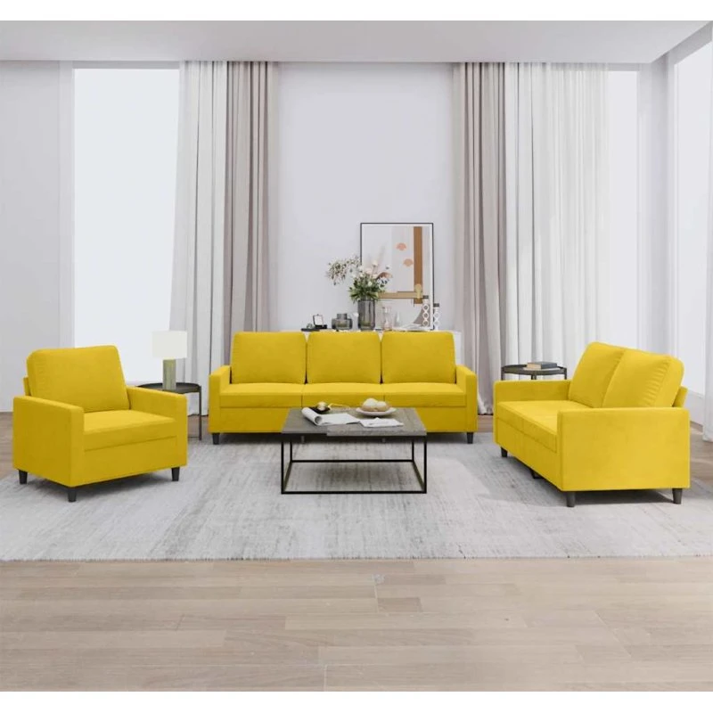 Sofasæt 3 dele i gul velour med hynder