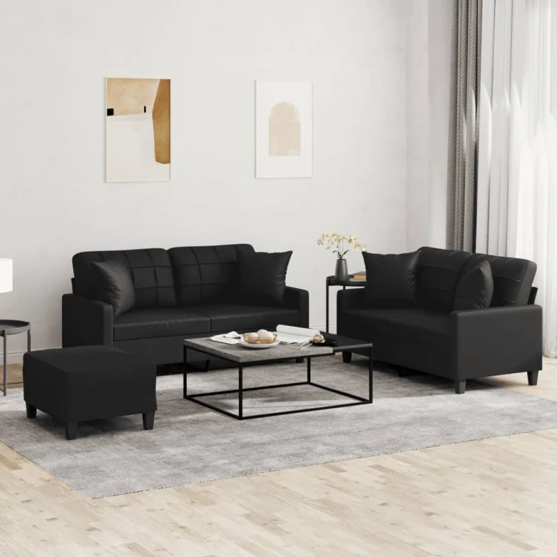 Sofasæt 3-dele i sort kunstlæder med puder