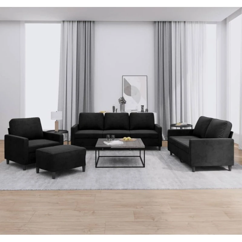 Sofasæt 4 dele i sort velour med hynder