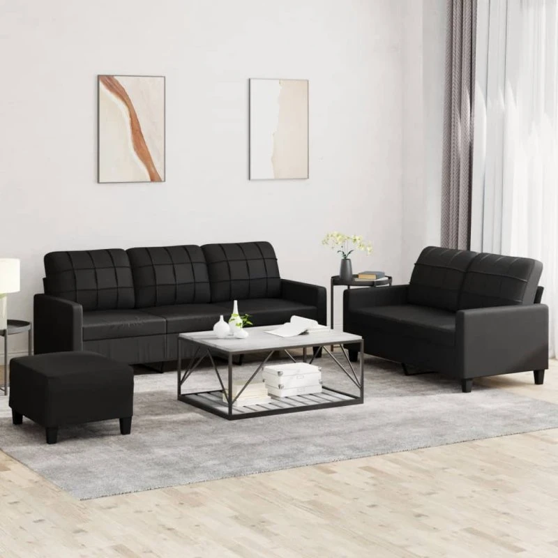 Sofasæt 3 dele i sort kunstlæder med hynder