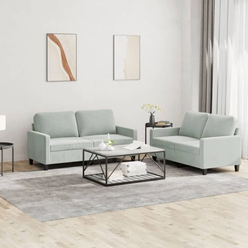 Sofasæt 2 dele i lysegrå velour med hynder