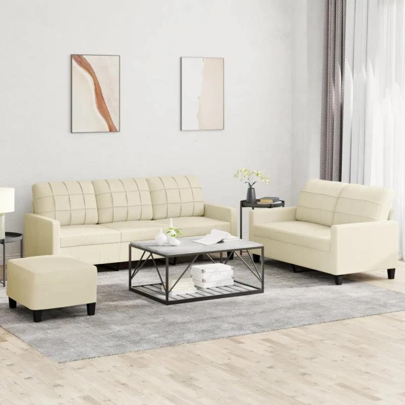 3-dele sofasæt i creme kunstlæder med hynder