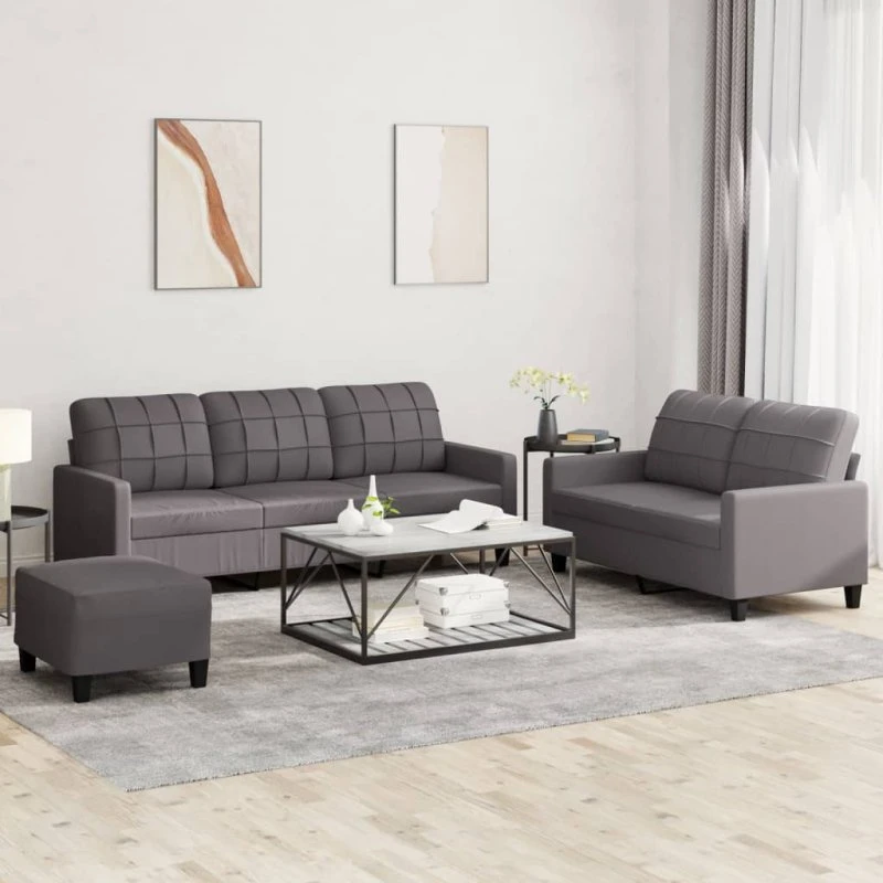 Sofasæt 3 dele i gråt kunstlæder med hynder