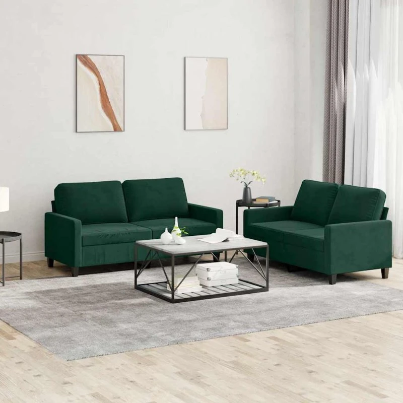 Sofasæt 2-dele i mørkegrøn velour med hynder