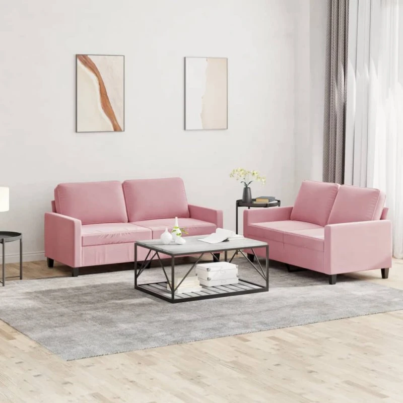 Sofasæt 2 dele i lyserød velour med hynder