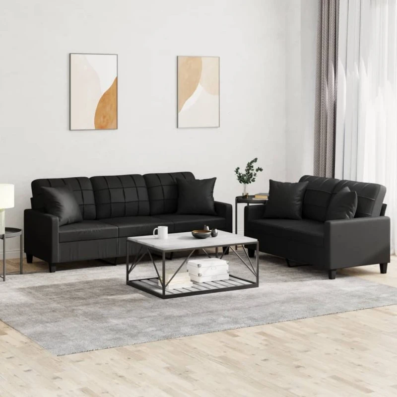 Sofasæt 2 dele i sort kunstlæder med puder