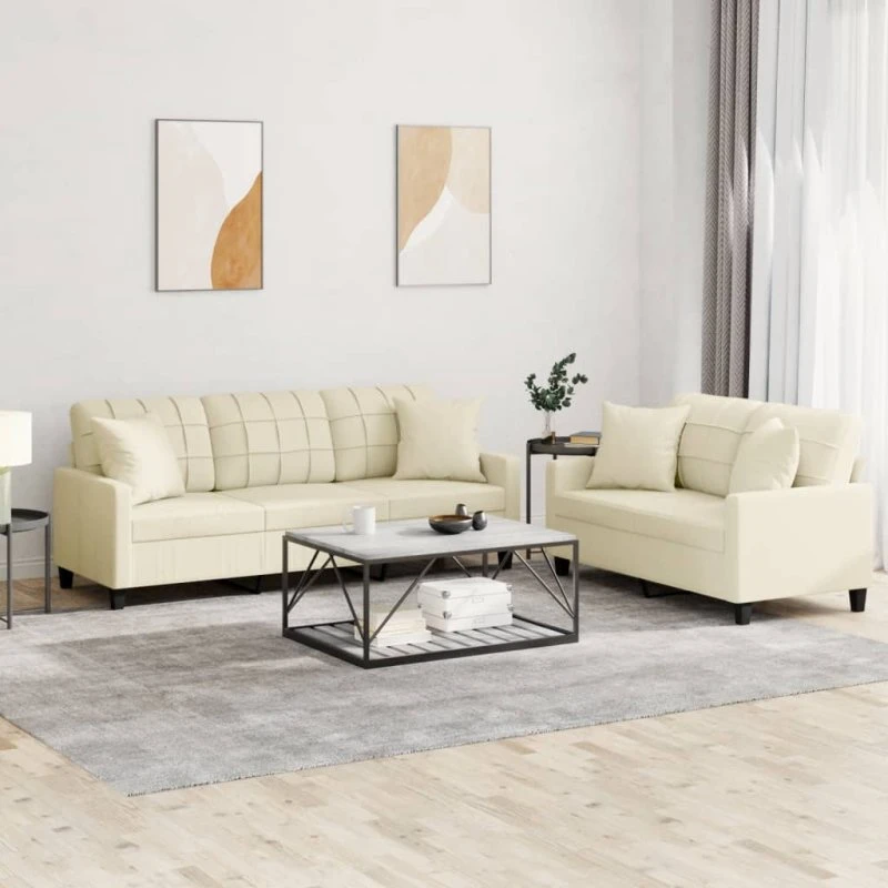 Sofasæt 2 dele i creme kunstlæder med puder