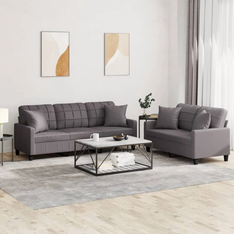 Sofasæt 2 dele i gråt kunstlæder med puder