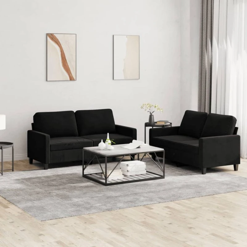 2-personers velour sofasæt med hynder – sort