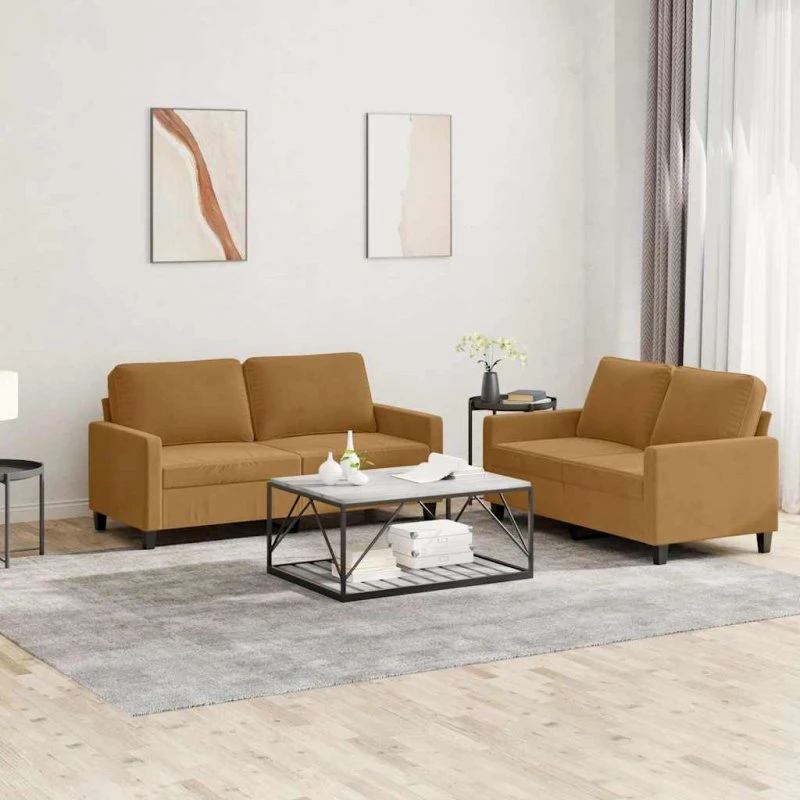 Sofasæt 2 dele i brun velour med hynder