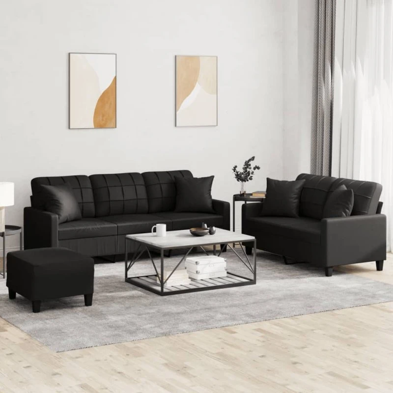 Sofasæt 3 dele i sort kunstlæder med puder