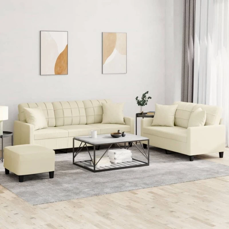 3-dele sofasæt i creme kunstlæder med puder