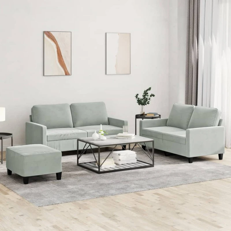 Sofasæt 3 dele i lysegrå velour med hynder