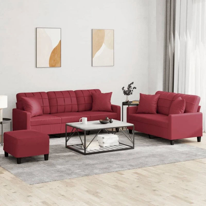 Sofasæt 3 dele i vinrød kunstlæder med puder