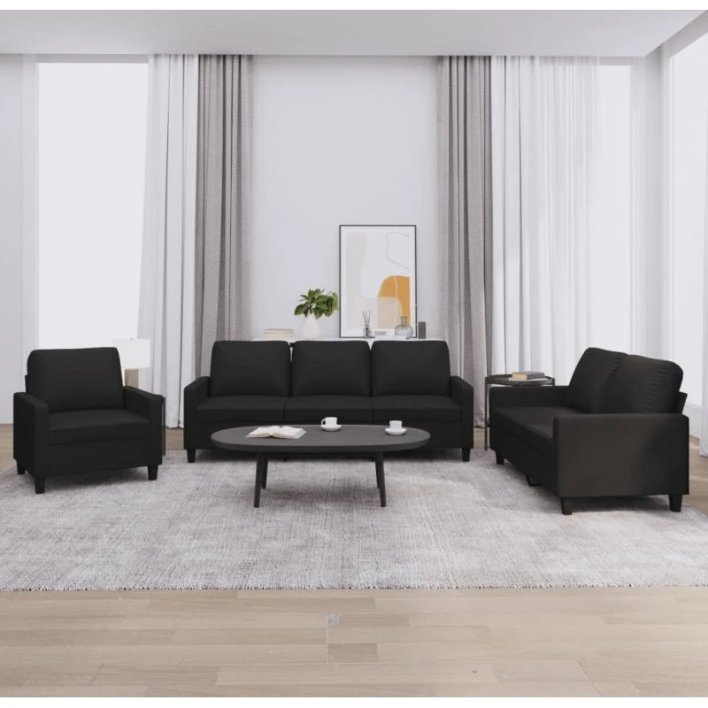 Sofasæt 3 dele i sort kunstlæder med hynder