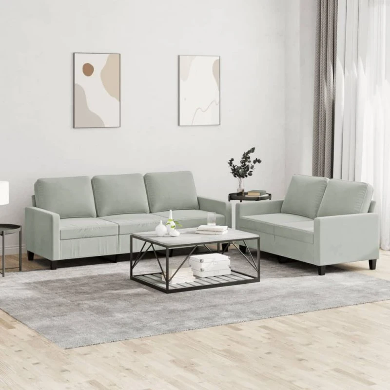 Sofasæt 2 dele i lysegrå velour med hynder