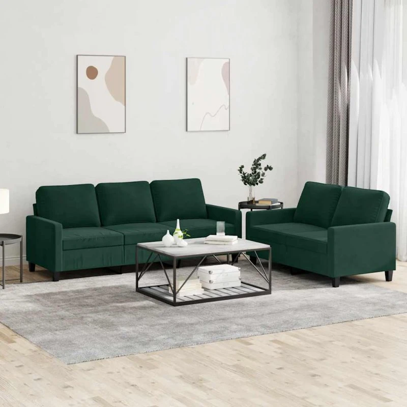 Sofasæt 2 dele i mørkegrøn velour med hynder