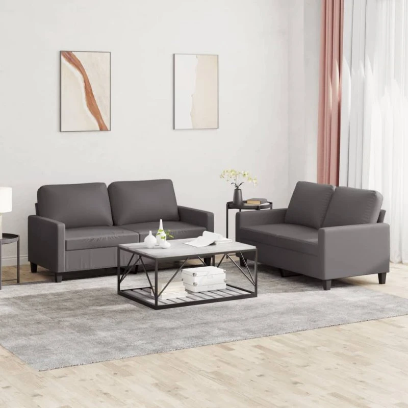 Sofasæt 2 dele i kunstlæder, grå med hynder