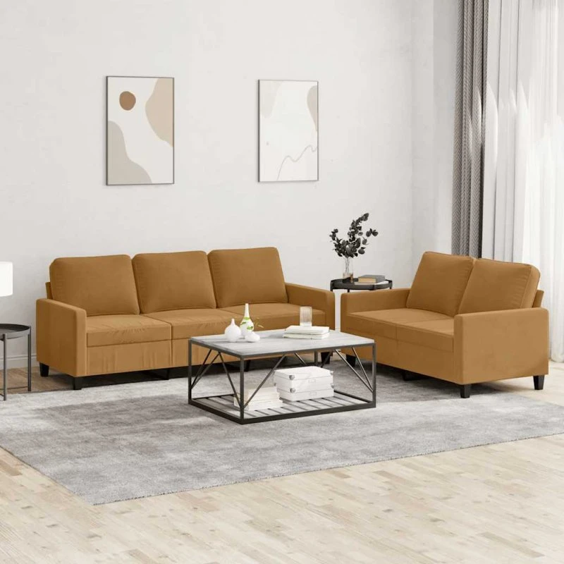 Sofasæt 2-pers i brun velour med hynder