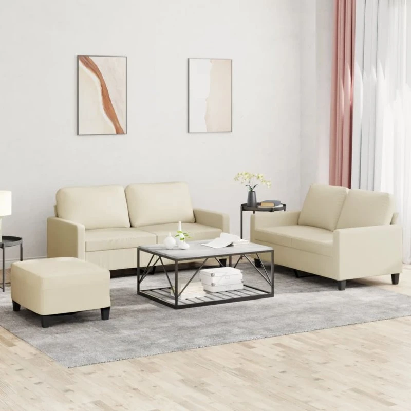 Sofasæt 3 dele i creme kunstlæder med hynder