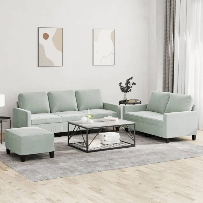 Sofasæt 3 dele i lysegrå velour med hynder