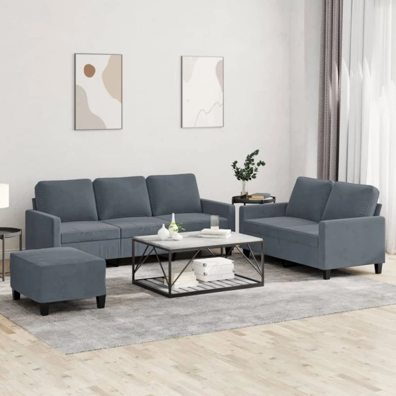Sofasæt 3 dele i mørkegrå velour med hynder