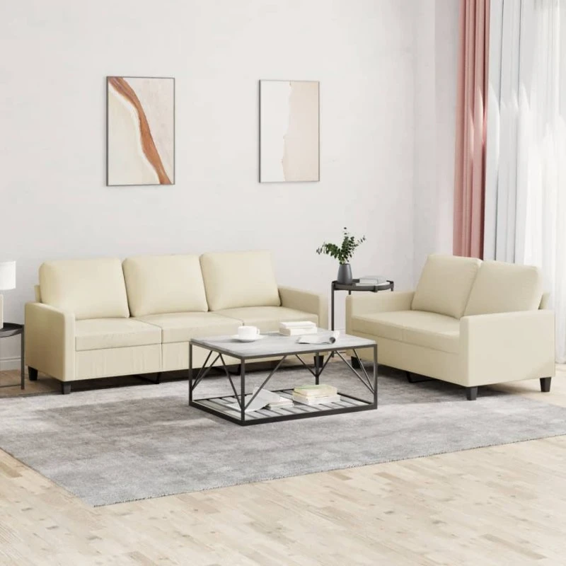 Sofasæt 2 dele i creme kunstlæder med hynder