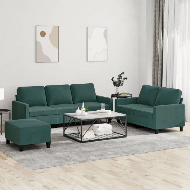 Velour sofasæt 3 dele med hynder – mørkegrøn