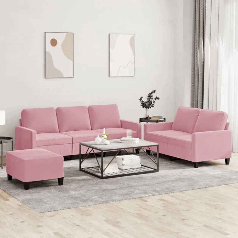 Sofasæt 3-dele i lyserød velour med hynder