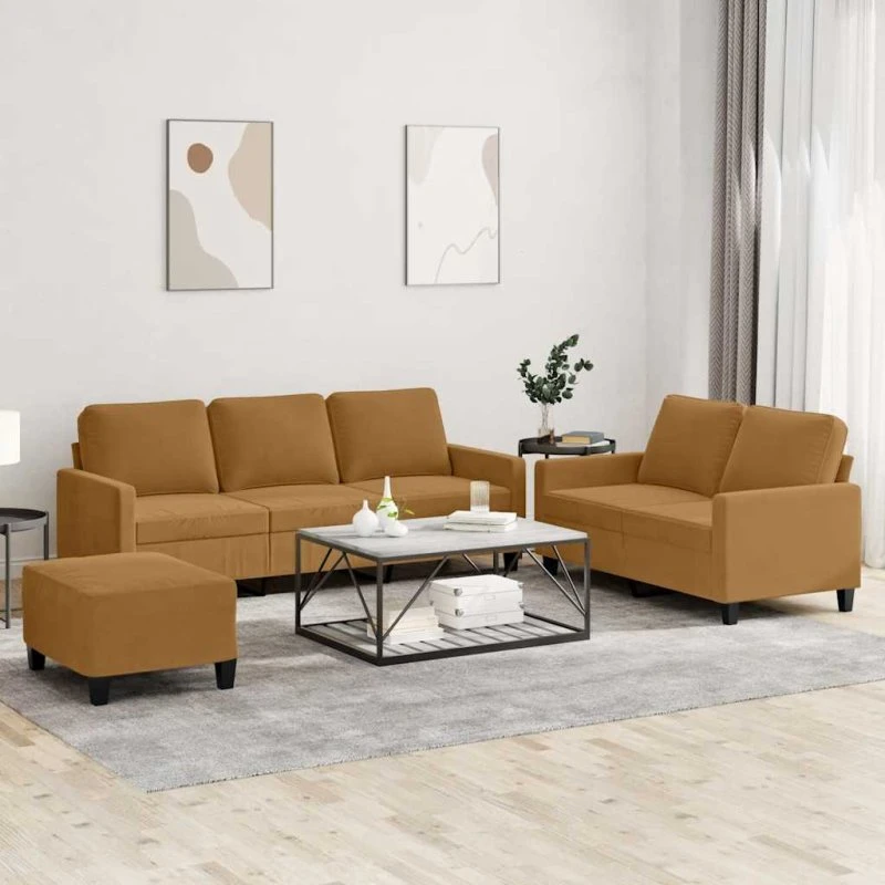 Sofasæt 3 dele i brun velour med hynder