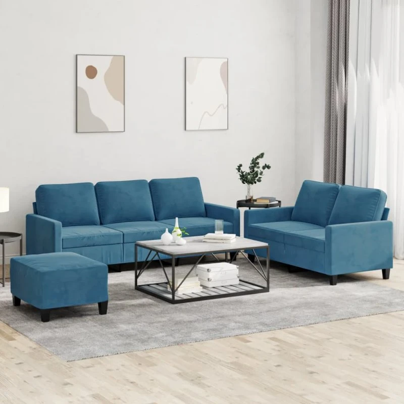 Velour sofasæt 3 dele med hynder - blå