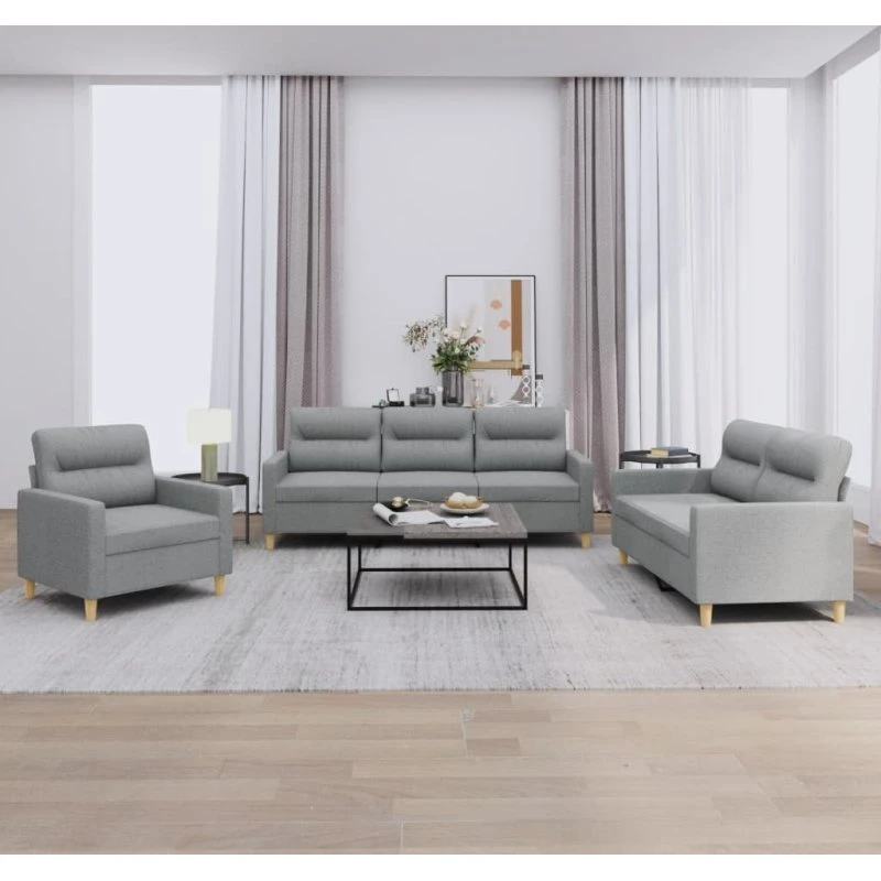 Sofasæt 3 dele med hynder i lysegråt stof