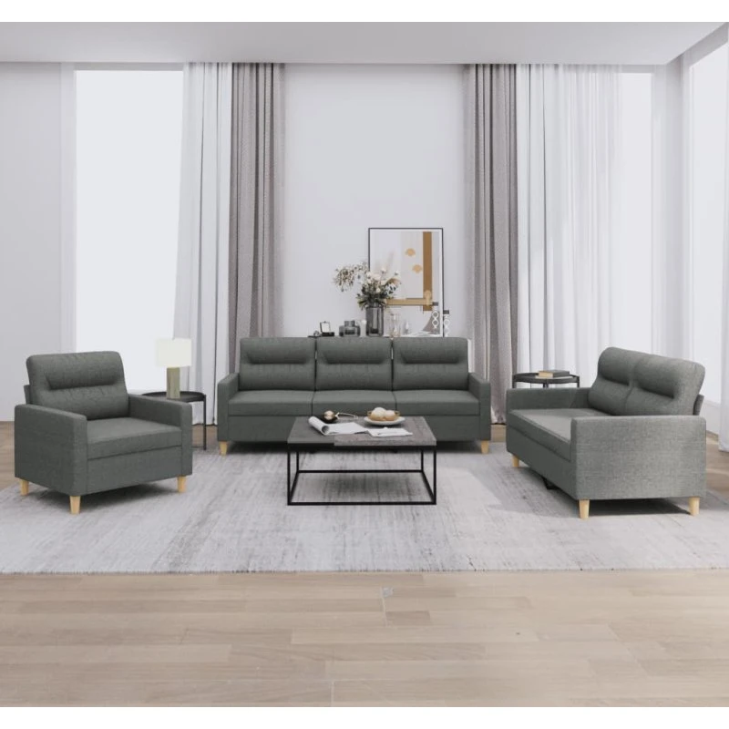 3-pers sofasæt med hynder i mørkegråt stof